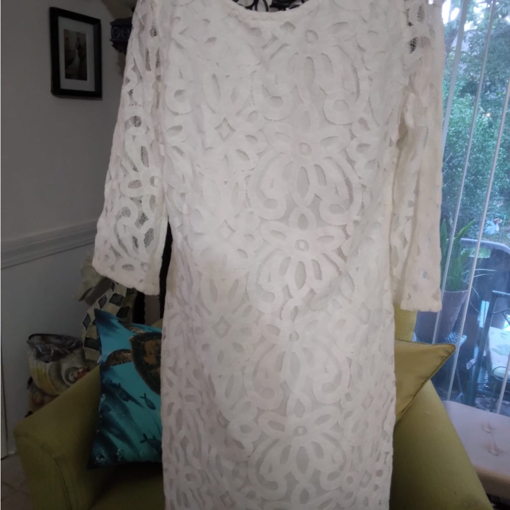 Glamour White LACE Sheath Dress 3/4 Sleeve - Picture 3 of 9